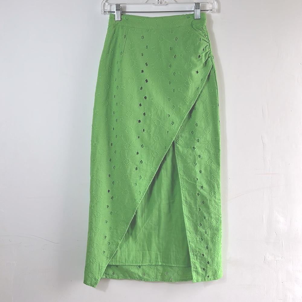 ASOS DESIGN broderie midi skirt with ruched side slit in bright green